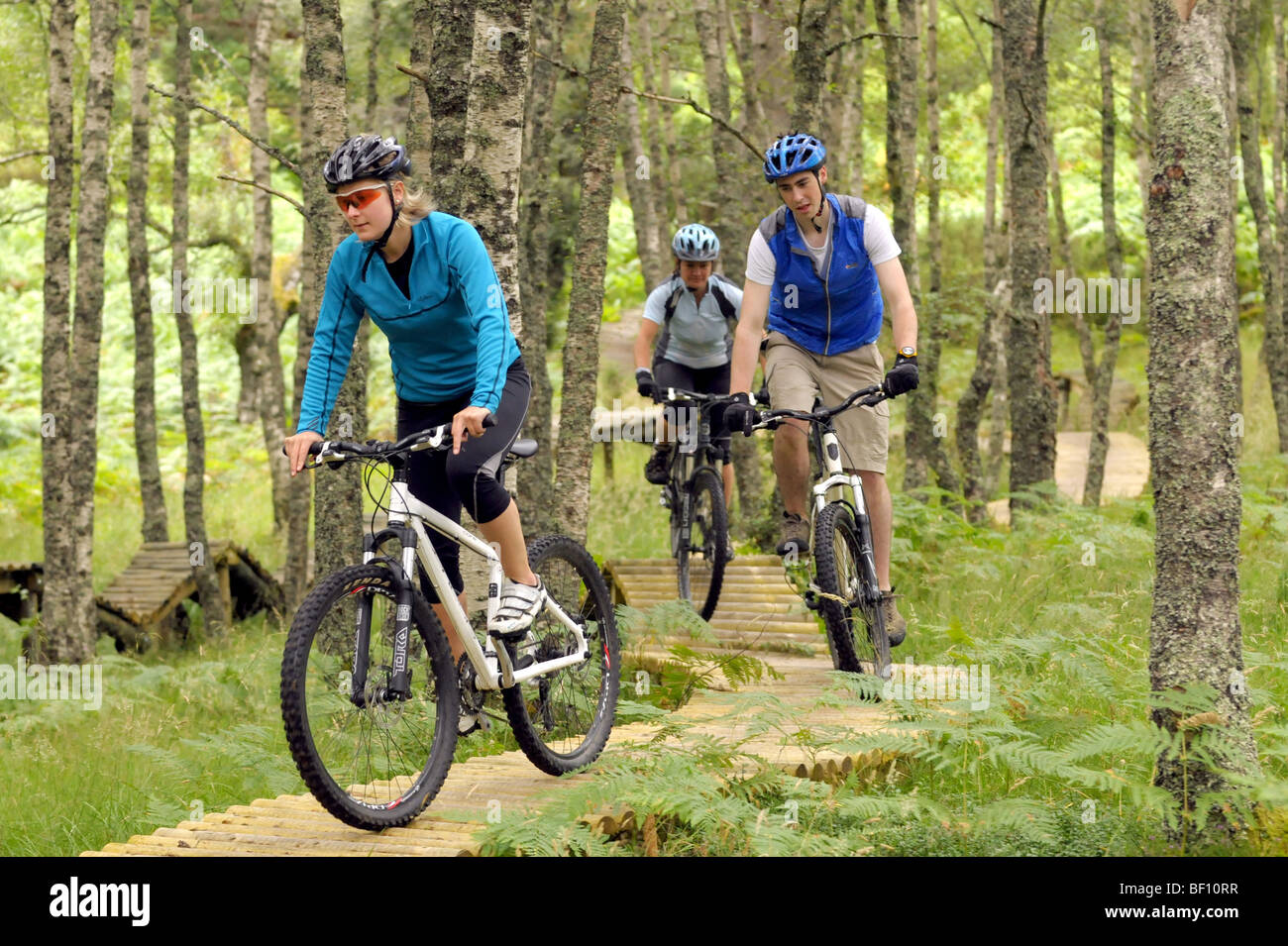 Friends cycling on a purpose built cross country mountain bike course Stock Photo