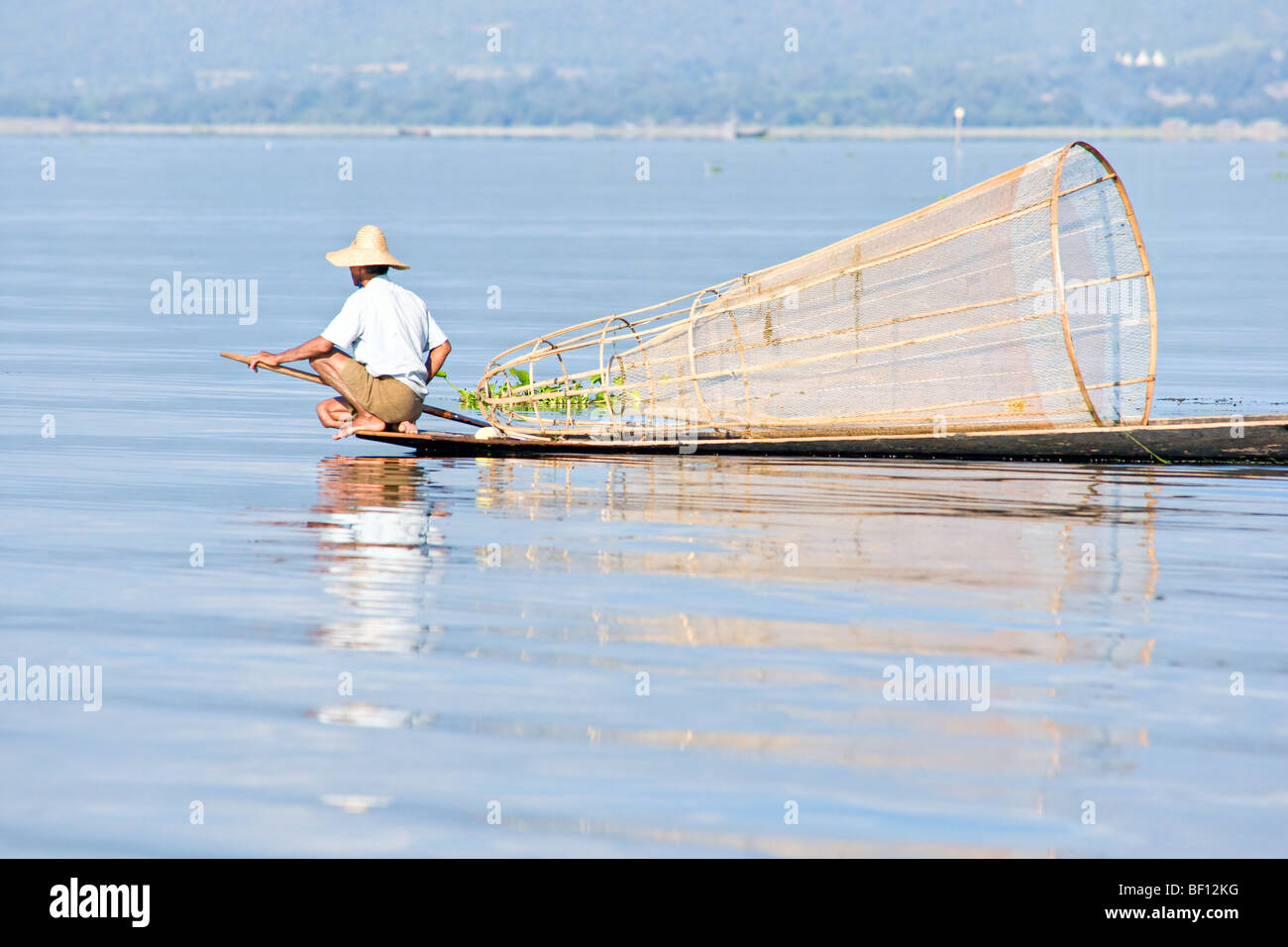 Fisherman in Inle Lake, Myanmar. Stock Photo