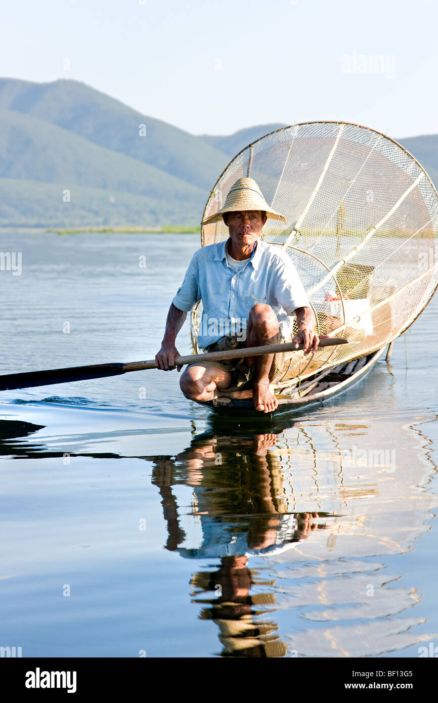 Fisherman in Inle Lake, Myanmar. Stock Photo