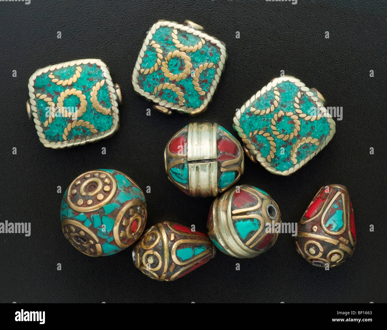 Nepalese crafted earings and jewellery fancy goods, enameled, silver supports Stock Photo