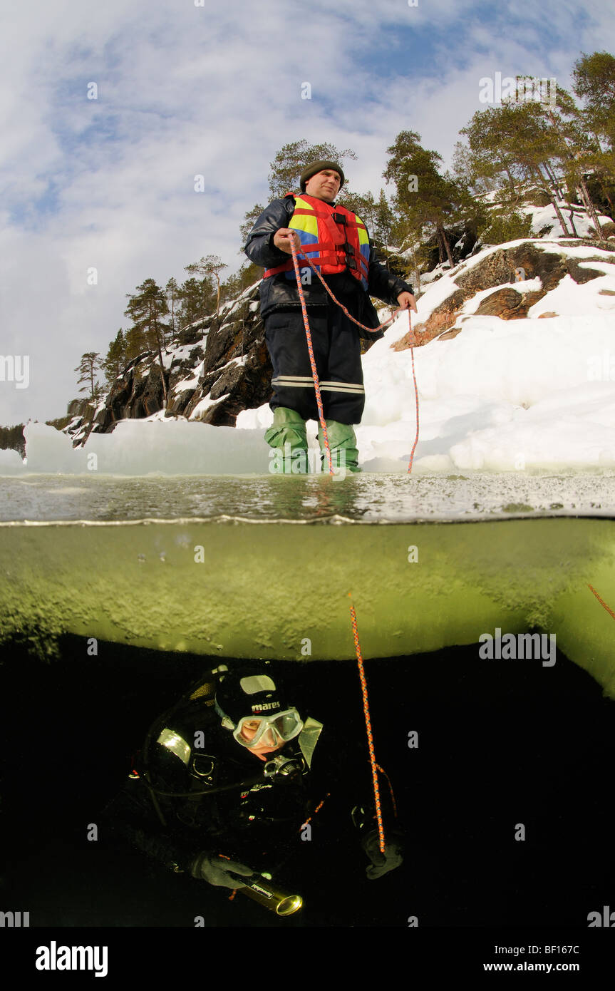 split shot from ice diving, ice diver, White Sea, Russia Stock Photo