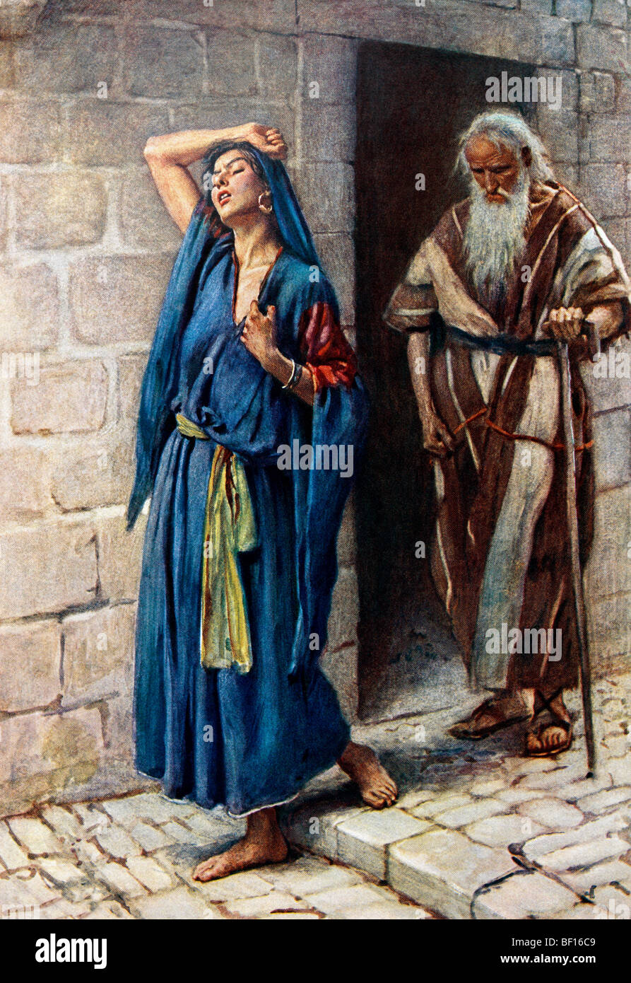 Painting of Jeroboam's Wife Disguised herself Sent by her Husband  to see Prophet Ahijah the Shilonite as her Son Abijah was sick by Harold Copping Stock Photo