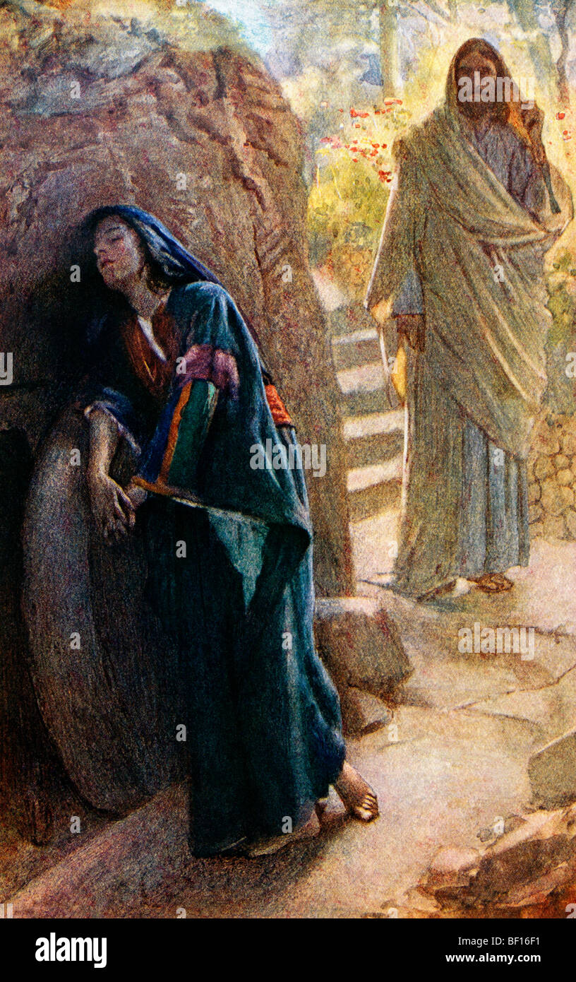 Painting of Mary Magdalene which shows the moment Jesus appears to Mary outside his tomb after his resurrection painted by Harol Stock Photo