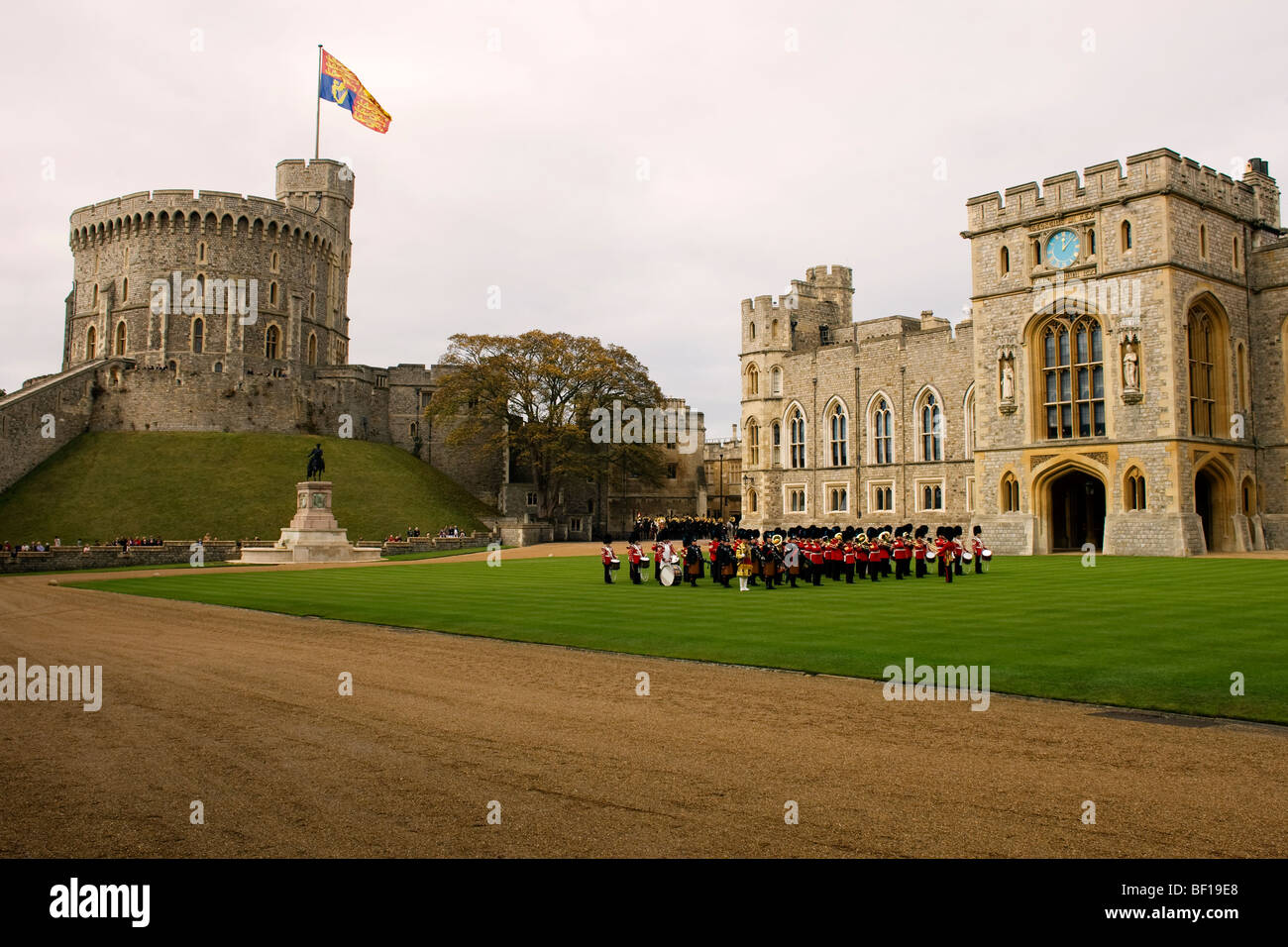 The military band of the Irish Guards on parade in the Quadrangle inside Windsor Castle in England Stock Photo