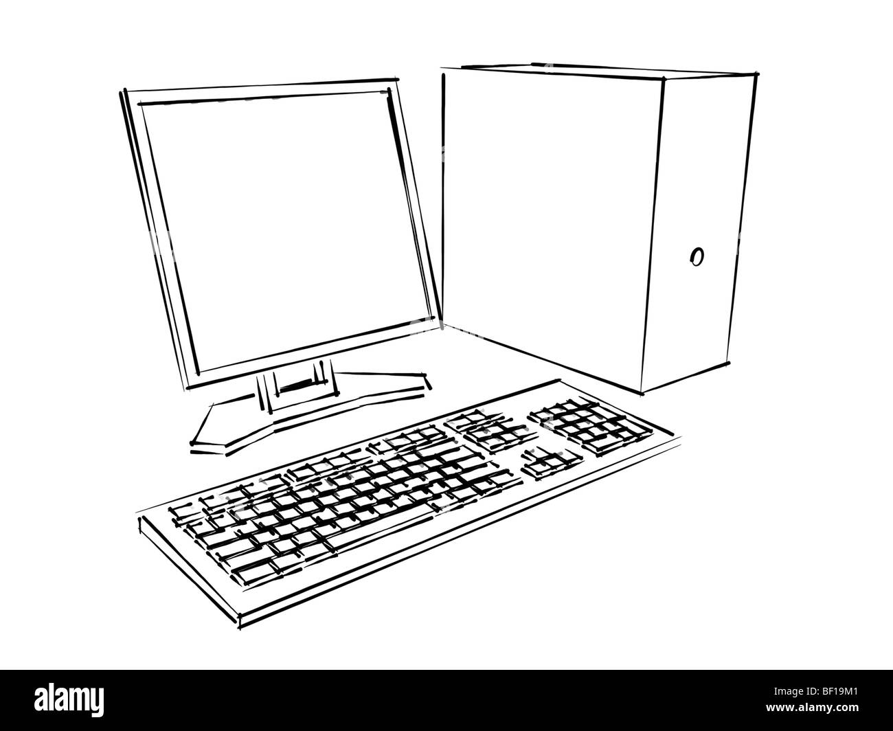 A 3d computer, LCD monitor and keyboard drawn with a marker isolated on white Stock Photo