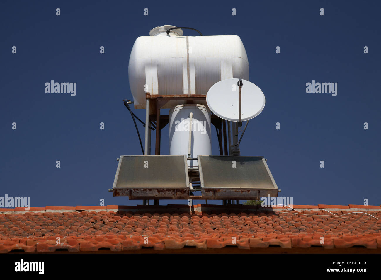 water tank feed and solar heating panels and satellite dish in republic