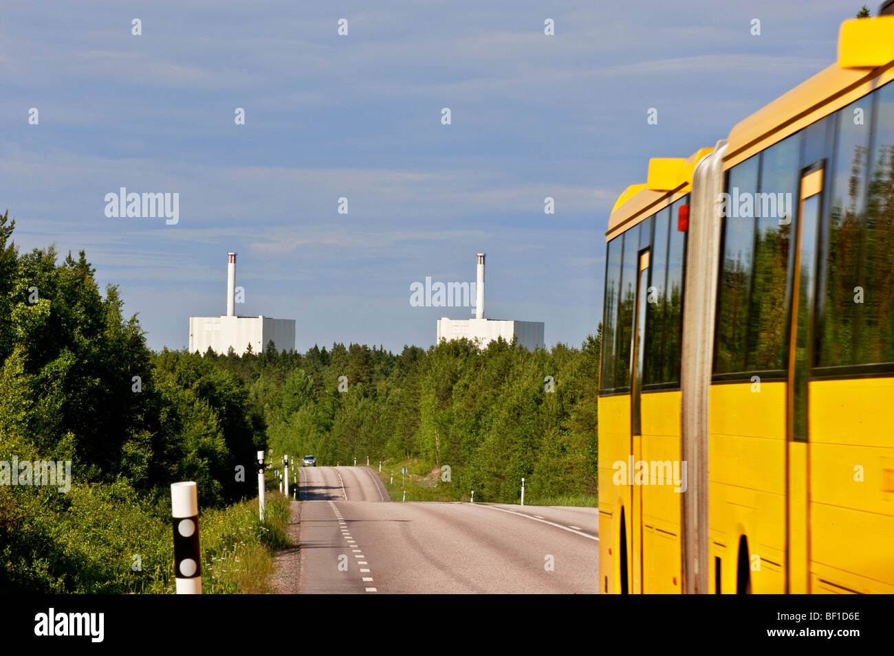 A bus on a country road close to Forsmark Nuclear Power Plant, Sweden. Stock Photo