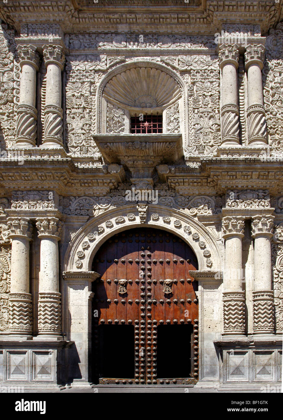 Details on the front of La Compania, Arequipa, Peru Stock Photo