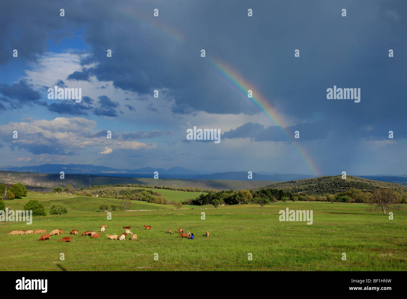 Rainbow over the Provence countryside Stock Photo