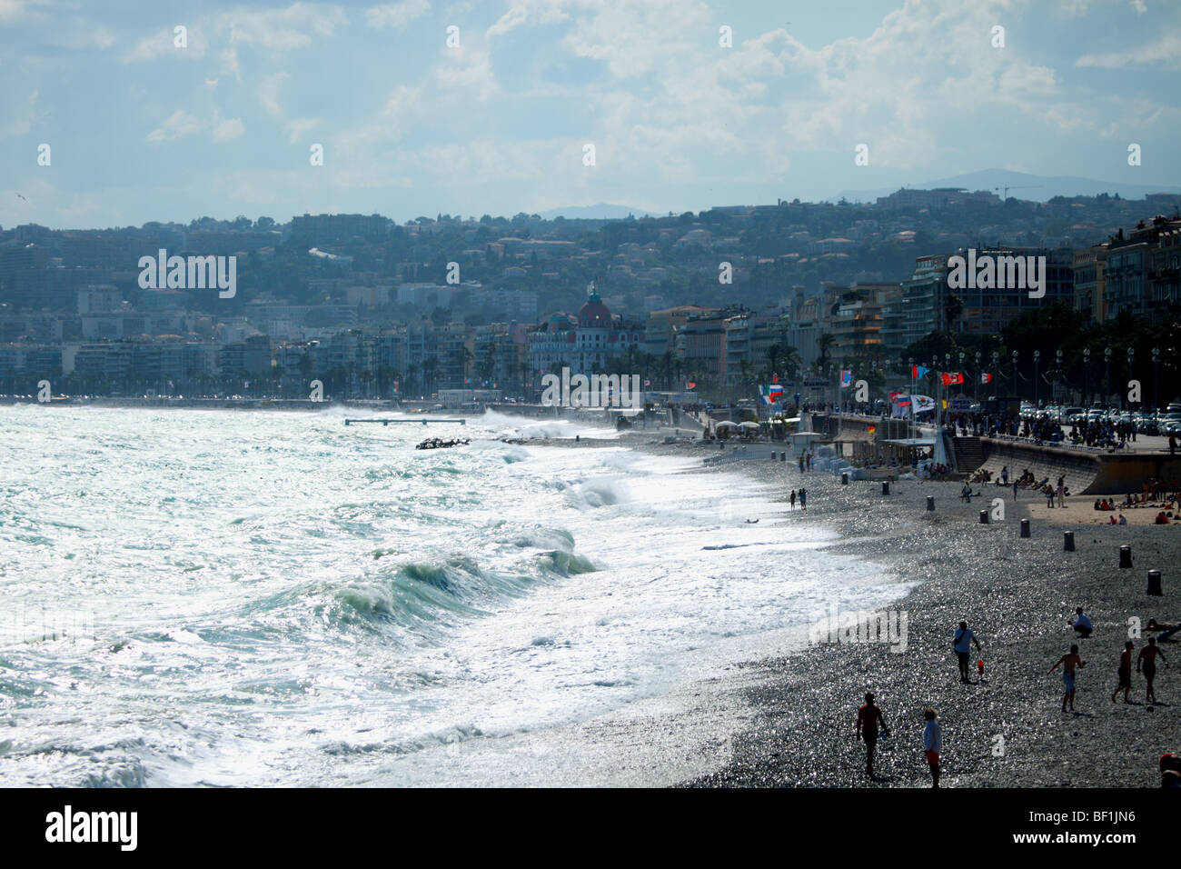 Windy and agitated sea on the Promenade des Anglais of Nice Stock Photo