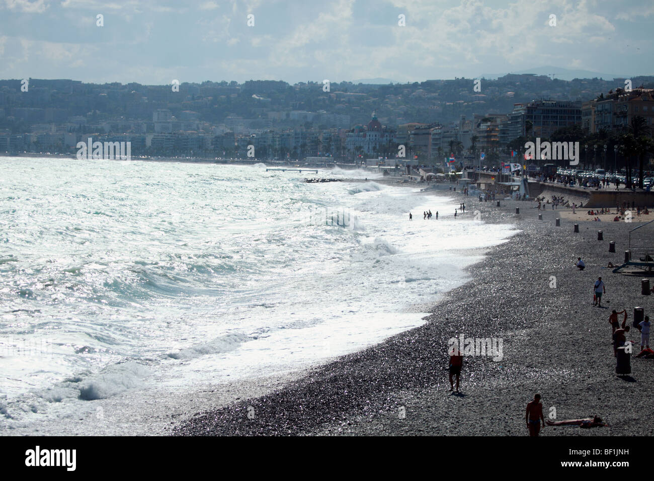 Windy and agitated sea on the Promenade des Anglais of Nice Stock Photo