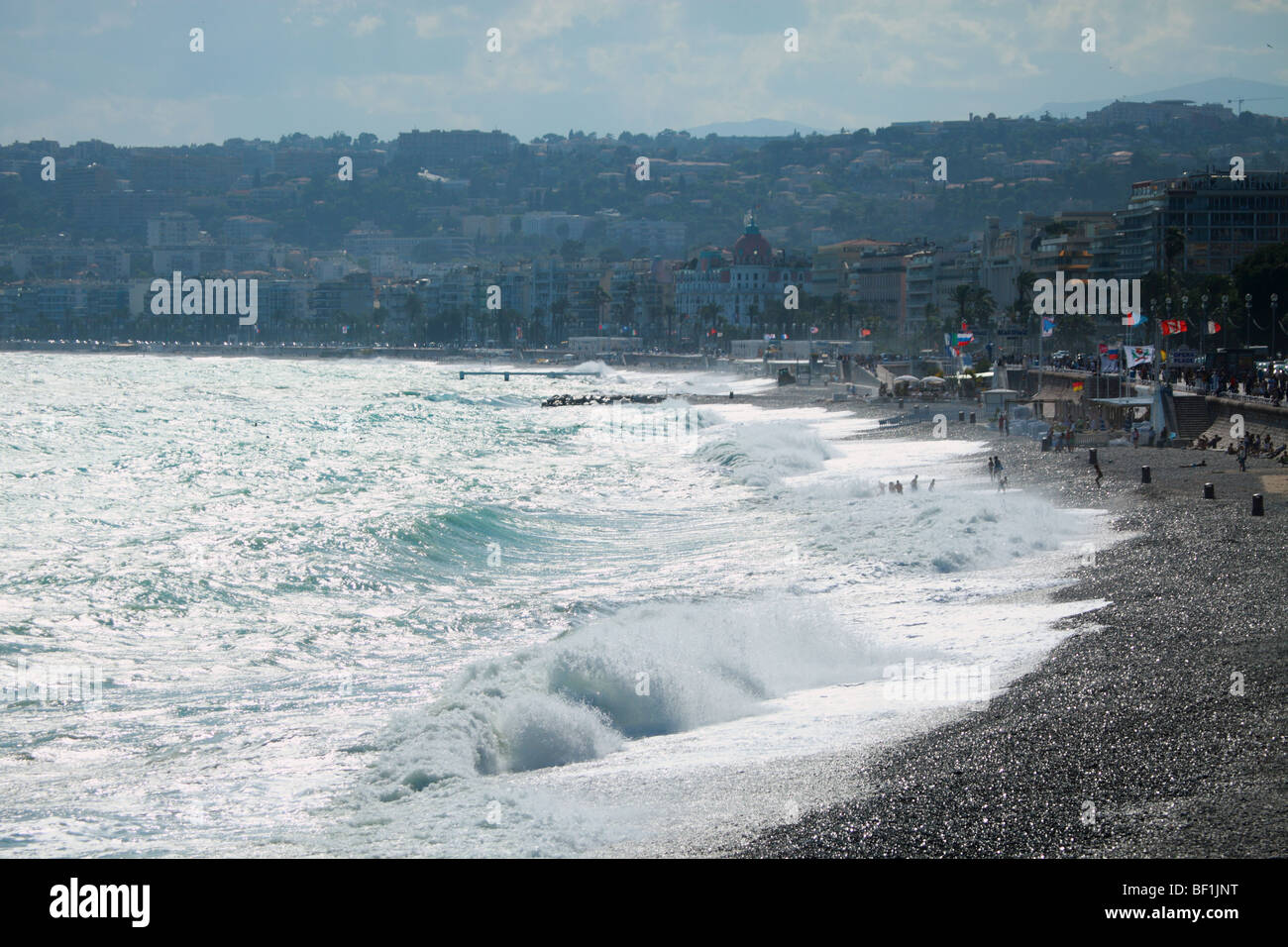 Windy and agitated sea on the Promenade des Anglais of Nice Stock Photo