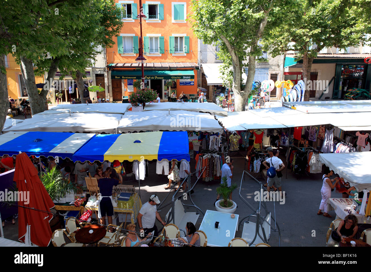 Open air market in the Provence village of Riez Stock Photo