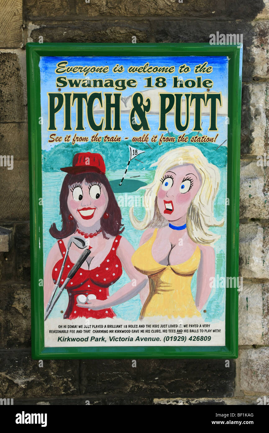 Saucy British postcard style advert for Pitch and Putt Golf in Swanage Dorset Stock Photo