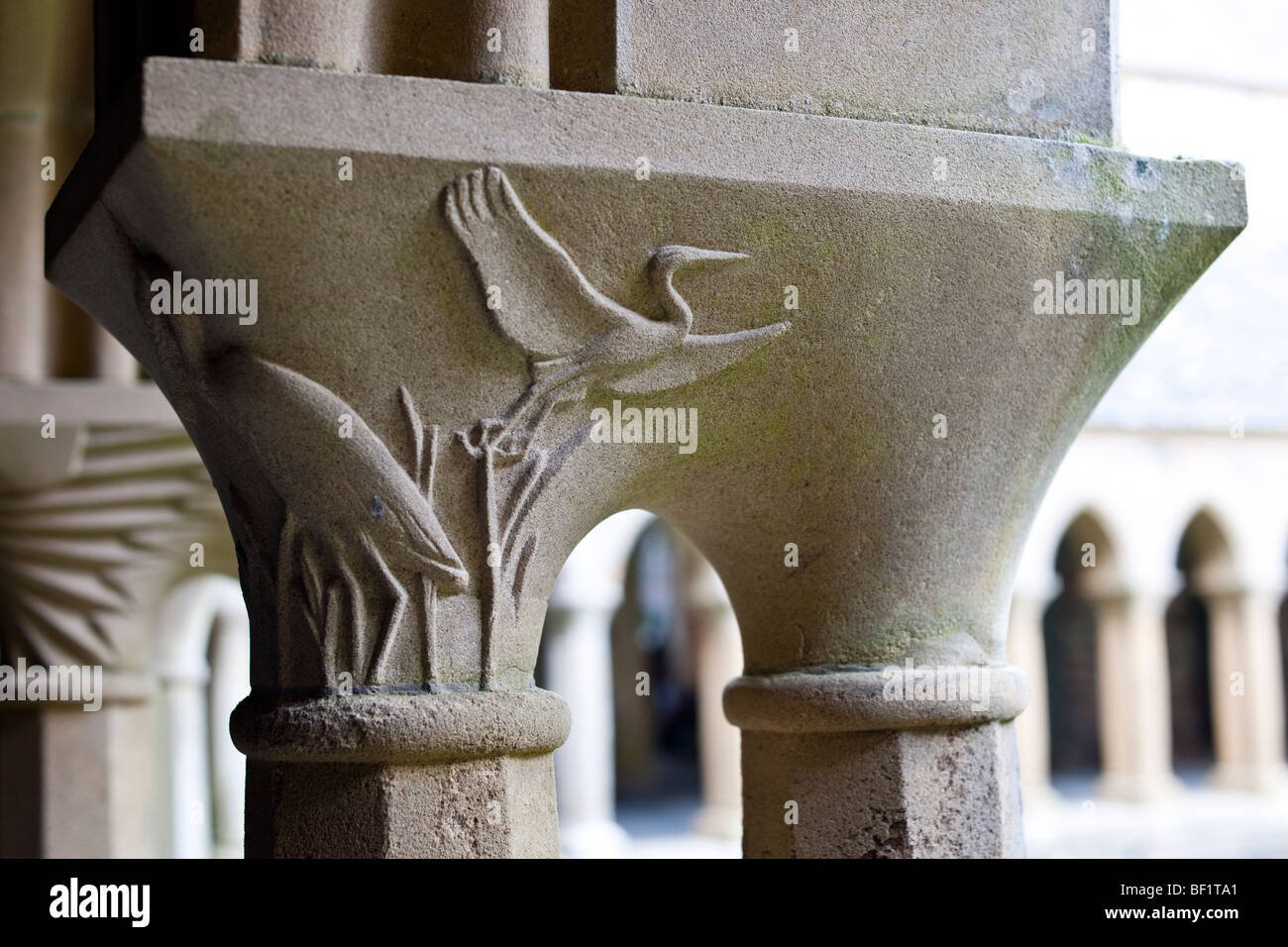 The cloisters and stone carvings of Iona Abbey on the Isle of Iona, Scotland Stock Photo
