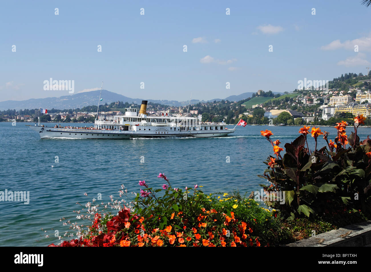 Pleasure boat on lake Geneva, Montreux, Canton of Vaud, Switzerland Stock Photo