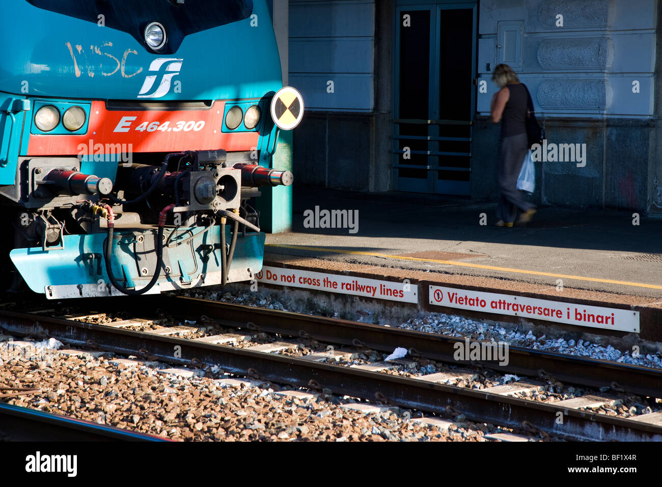 Italian train arriving in a station, Cinque Terre, Liguria, Italy Stock Photo