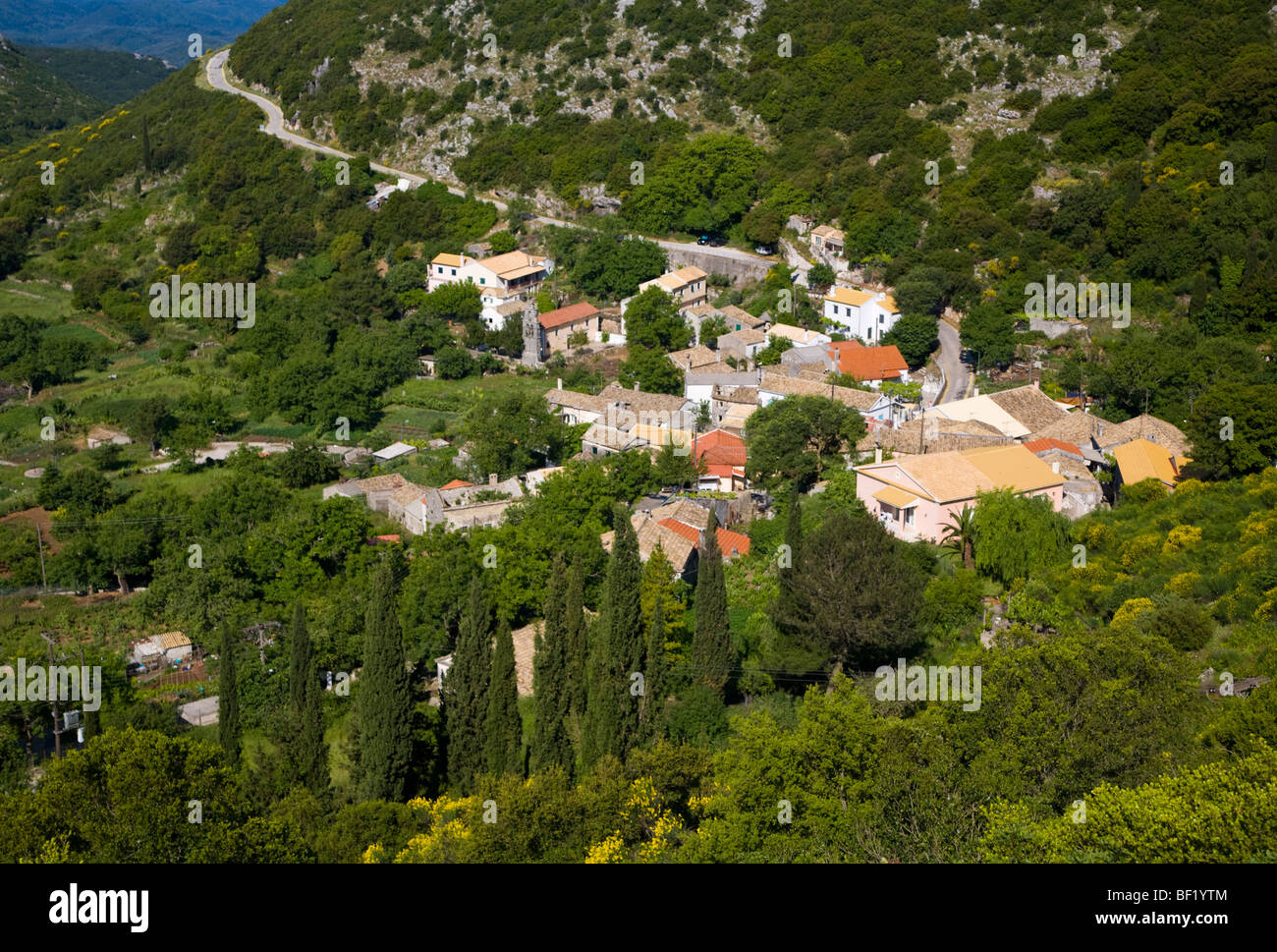 Petalia village from the road to Mount Pantokrator, Kerkyra (Corfu), Greece Stock Photo