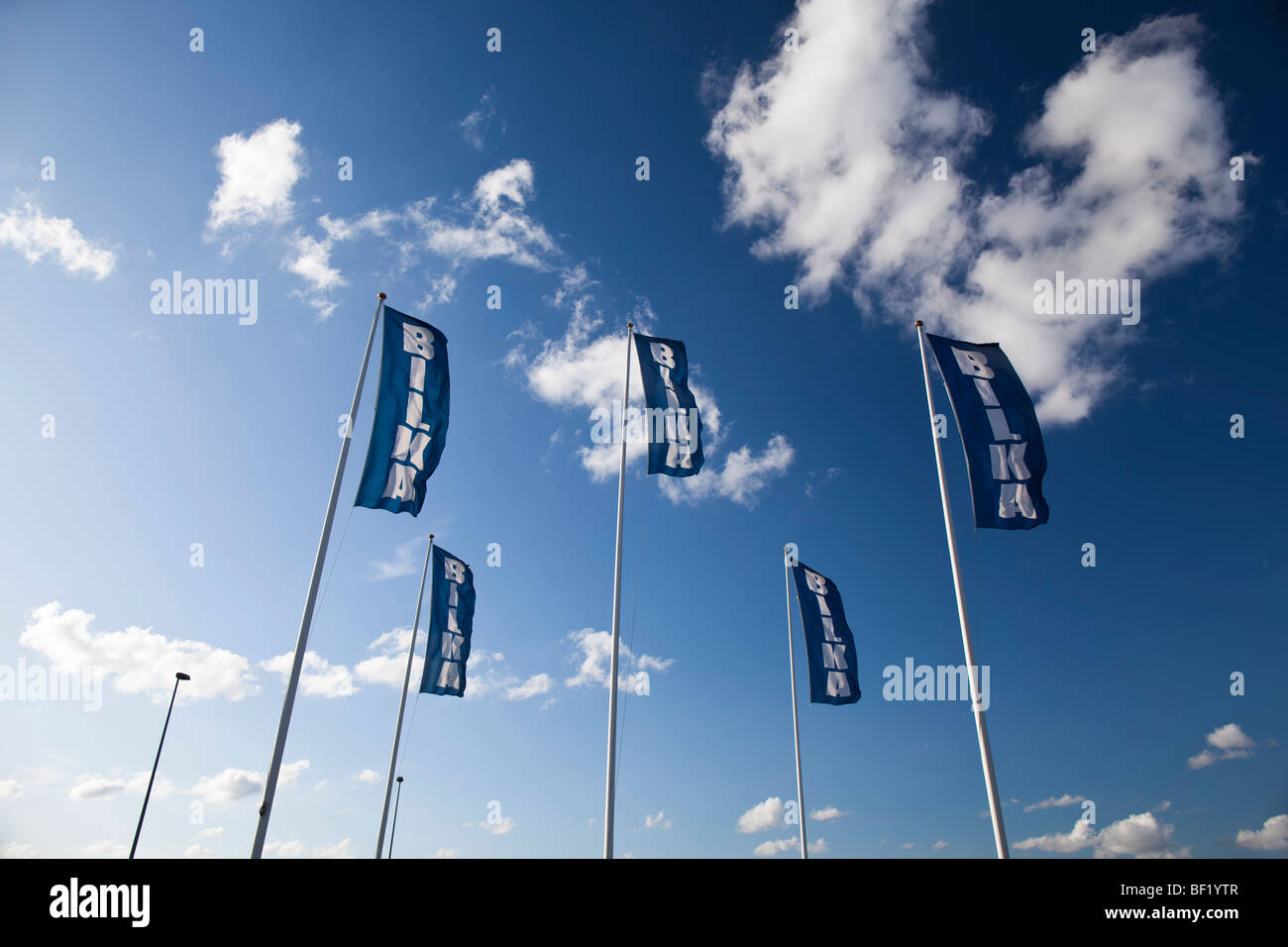 Flags at the real warehouse of the Bilka in Viborg, Denmark. Stock Photo