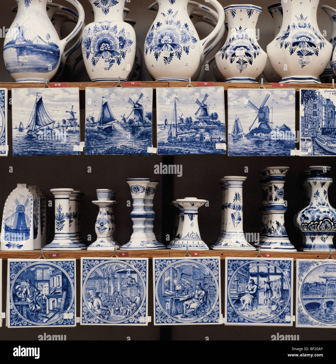 Dutch Delft Blue and White Pottery in Amsterdam market, Holland, the Netherlands Stock Photo