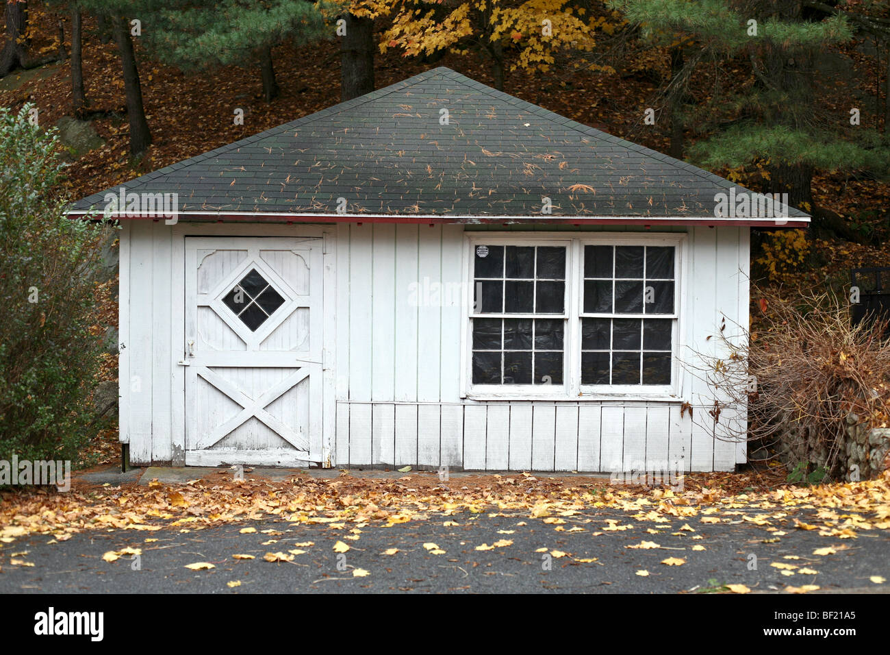 charming outbuilding with white painted vertical wooden siding & paneled diamond paned wooden door in autumn landscape Stock Photo