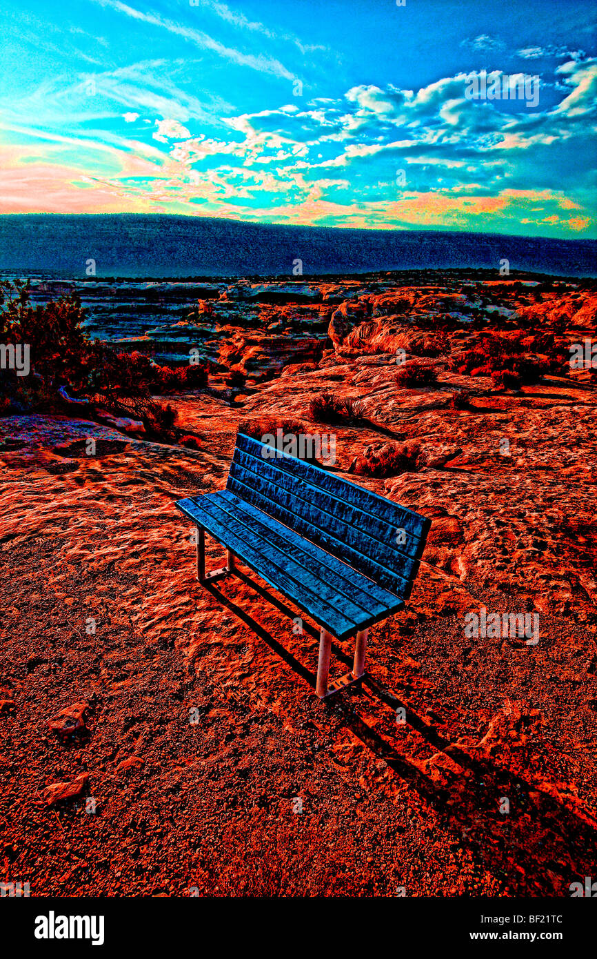 Blue bench in the desert (HDR technique) Stock Photo