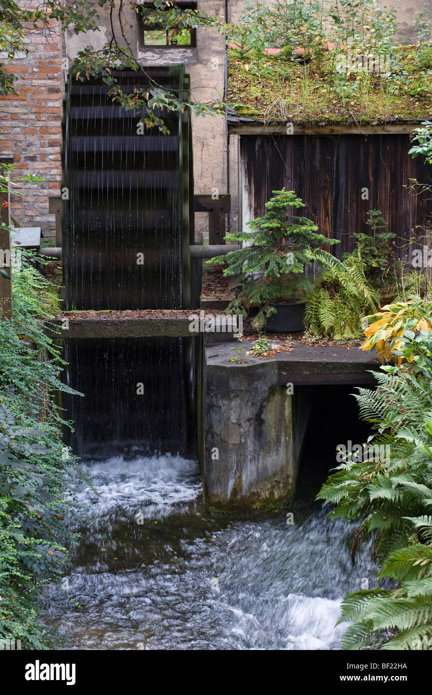beck and water wheel directly beside the Vogeltor, Augsburg, bavaria, germany Stock Photo
