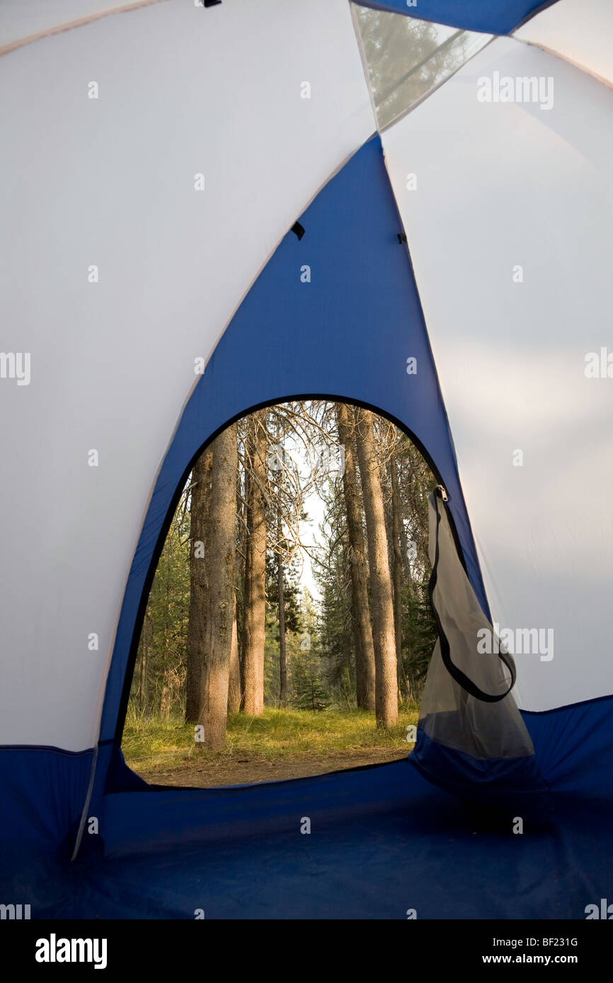 Tent interior looking out Lost Creek Campground - Crater Lake National Park Oregon Stock Photo