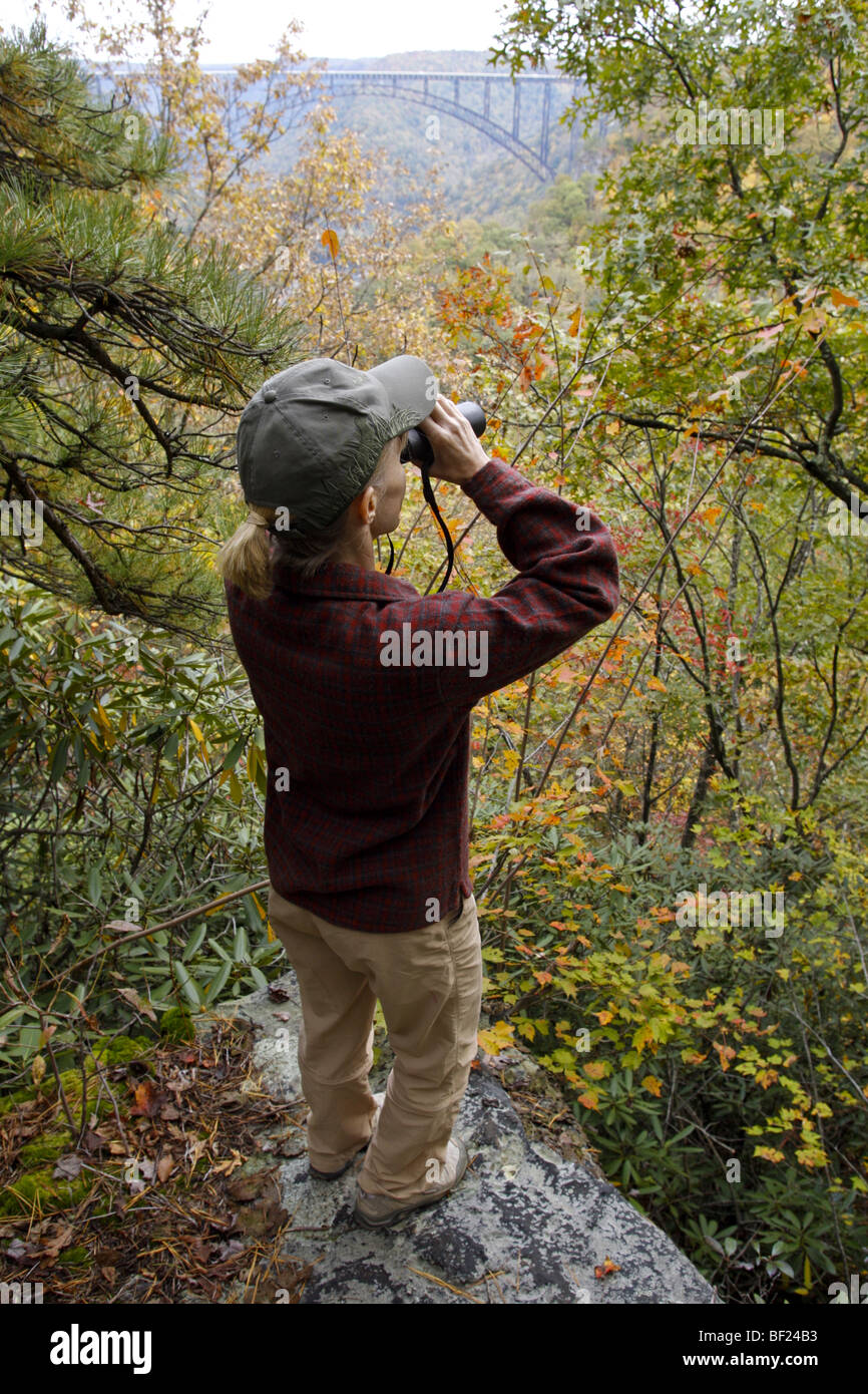 Birdwatcher with Binoculars at New River Gorge - West Virginia - Vertical Stock Photo