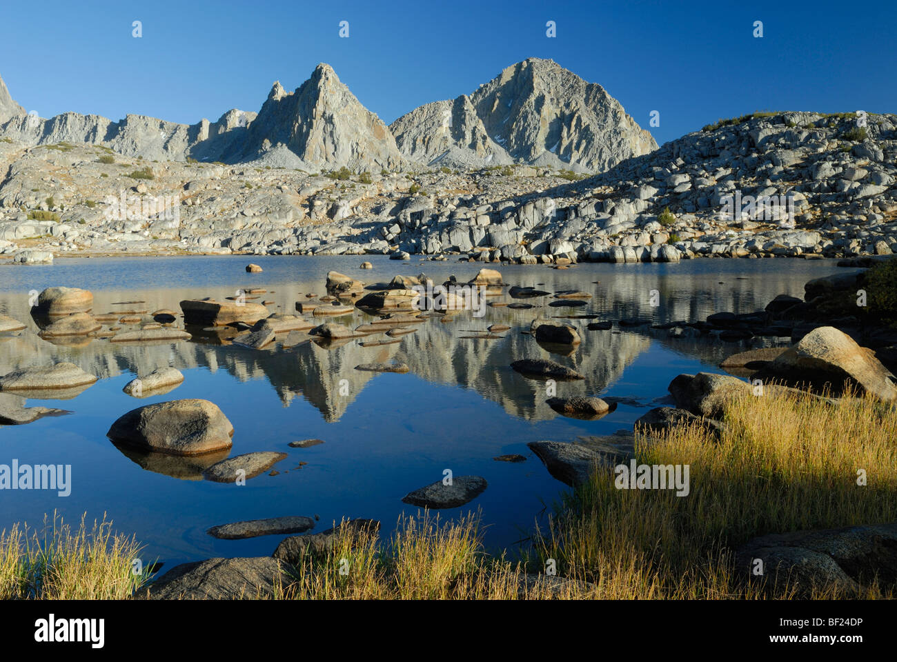 Reflections in a mountain lake in Sierra Nevada, California Stock Photo