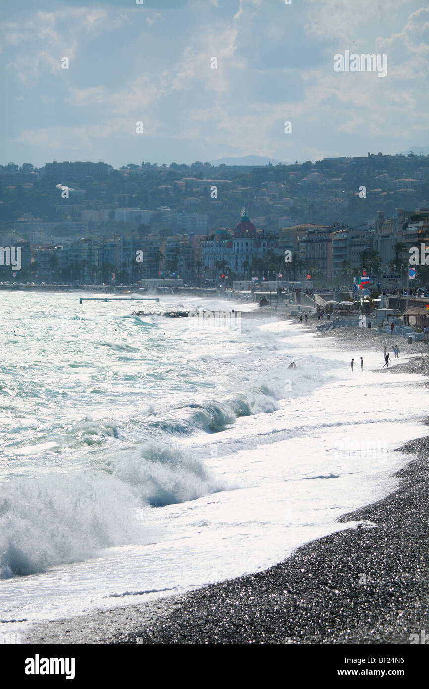 Windy weather and agitated sea in the city of Nice Stock Photo