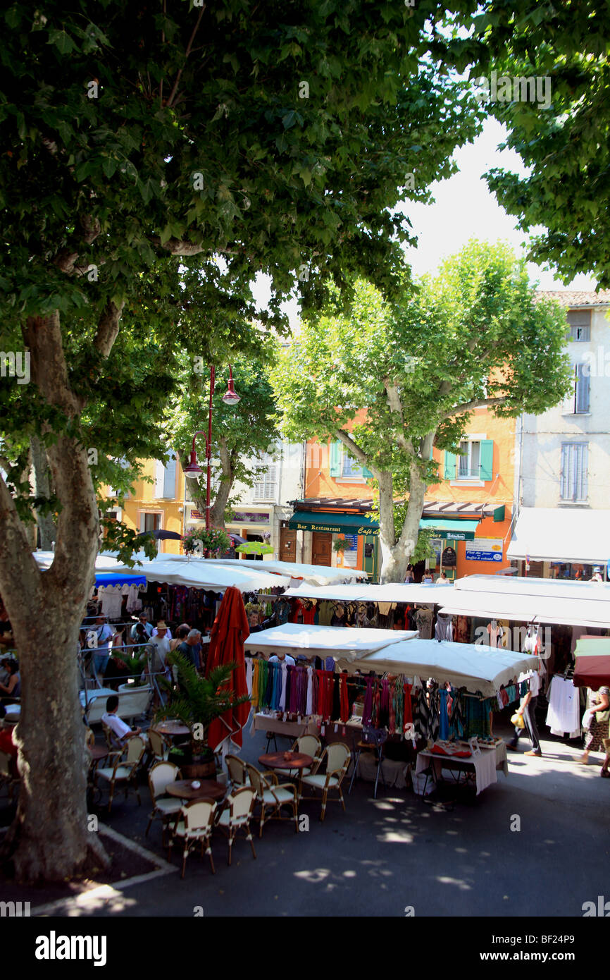 traditional open air Provence market in the village of Riez Stock Photo