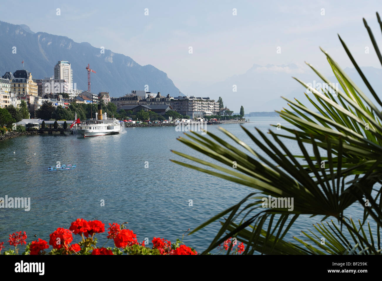 Pleasure boat on lake Geneva, Montreux, Canton of Vaud, Switzerland Stock Photo