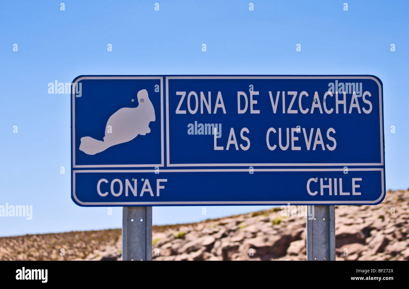 Sign marking Vizcachas sighting area in Lluta Valley, Chile Stock Photo