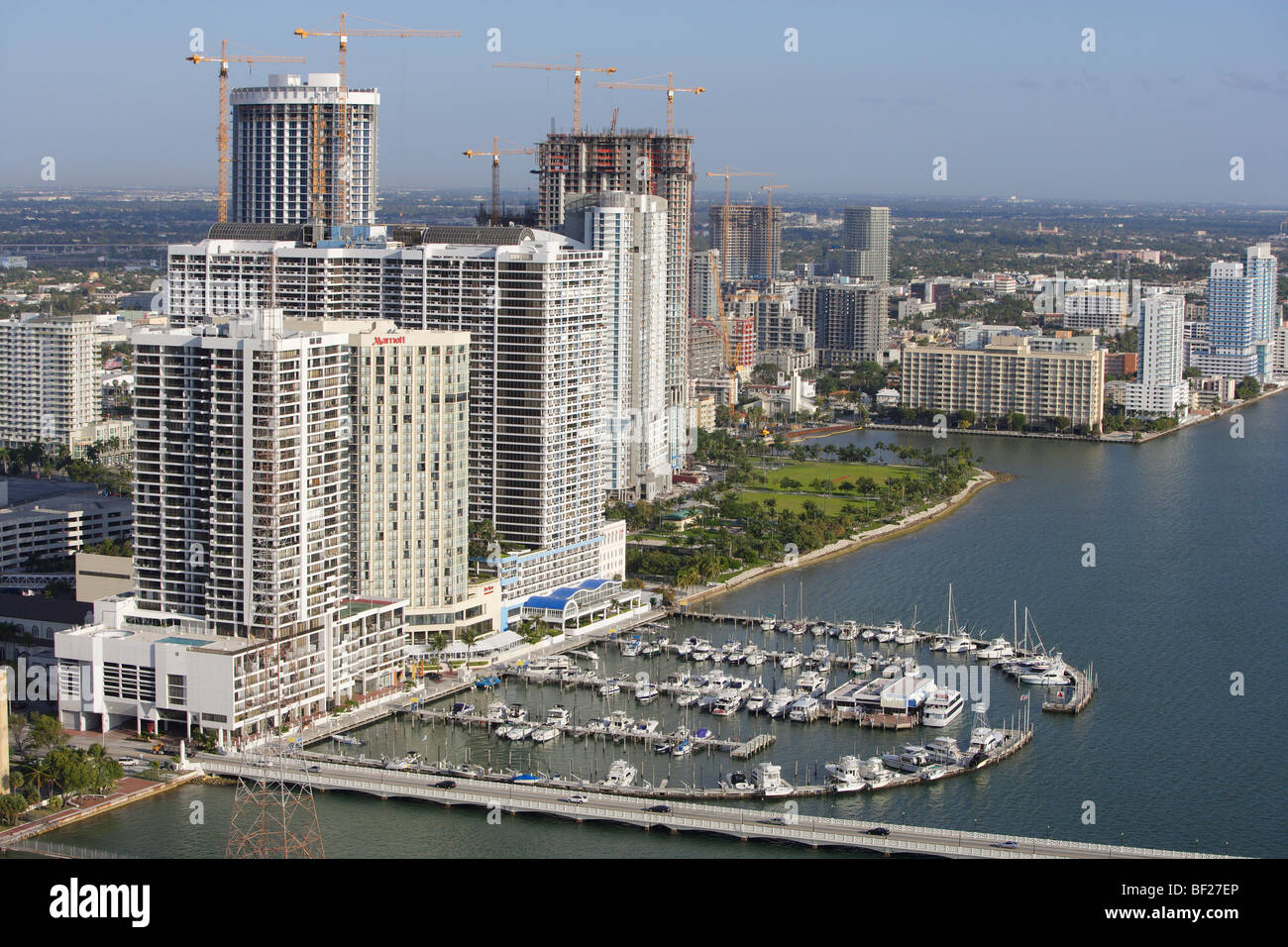 View at the Sea Isle Marina and high rise buildings at downtown, Miami, Florida, USA Stock Photo