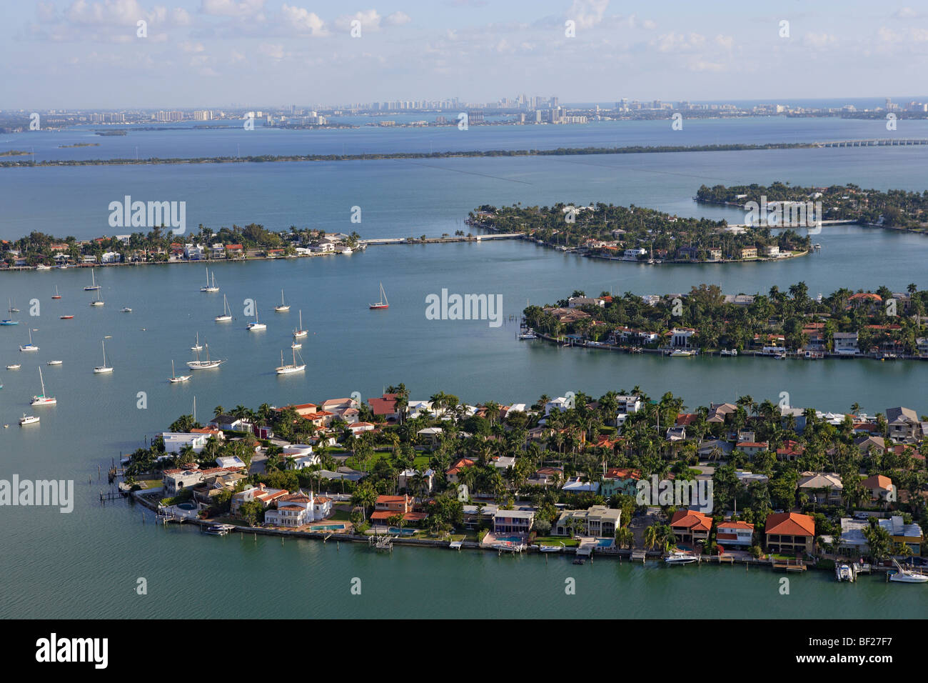 Aerial view of Palm Island and Hibiscus Island, Islands at Biscayne Bay at daytime, Florida, USA Stock Photo