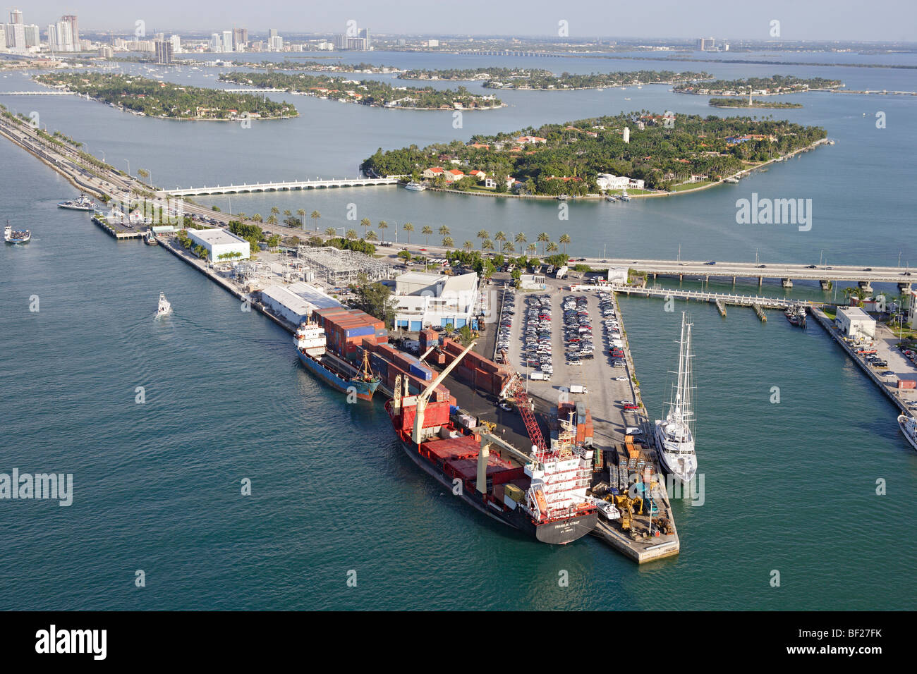 Aerial view of ships at the pier of Lummus Island and Star Island behind, Miami, Florida, USA Stock Photo