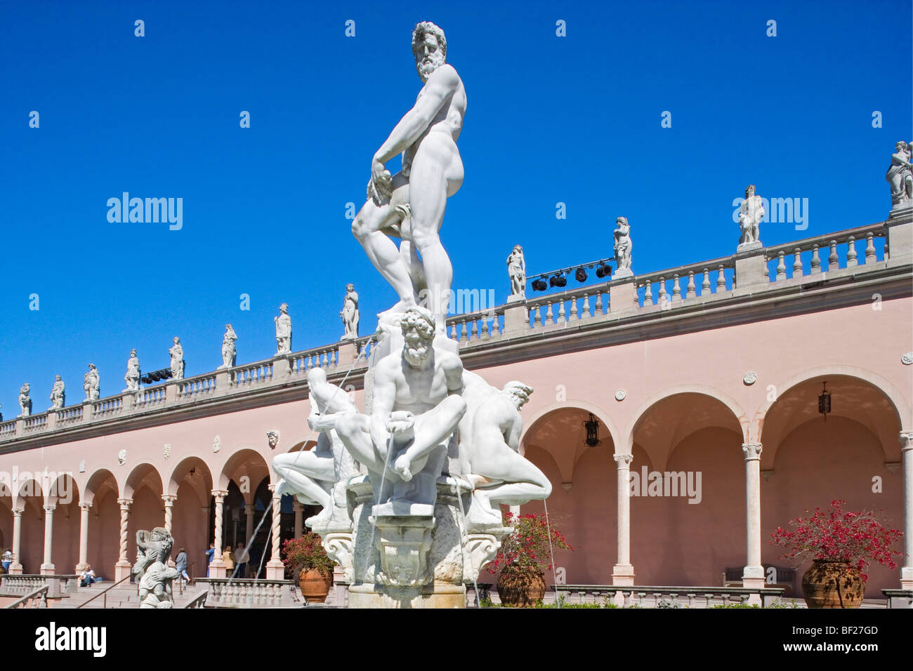 Fountain with sculptures in front of the Ringling Museum of Art under blue sky, Sarasota, Florida, USA Stock Photo