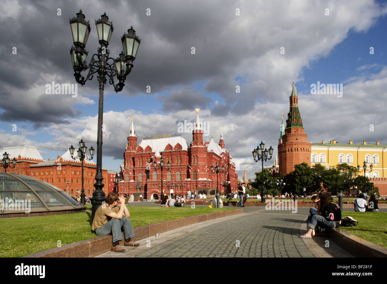 Manege square, the State historic museum and Arsenal Tower, Moscow, Russia Stock Photo