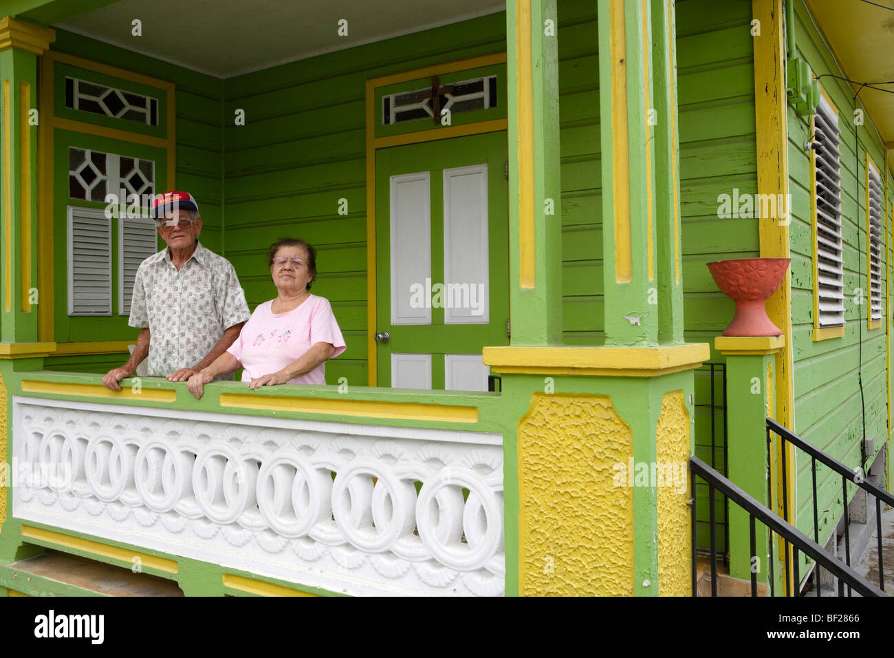 An elderly couple on their porch, San German, Puerto Rico, Carribean, America Stock Photo