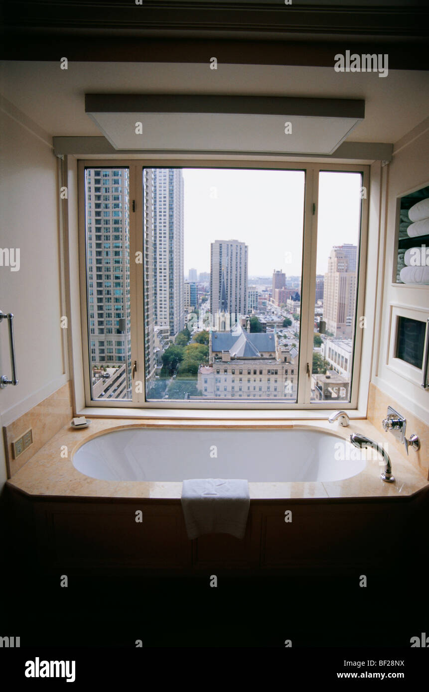 View from bathroom in suite of Hotel Peninsula, Chicago, Illinois, USA