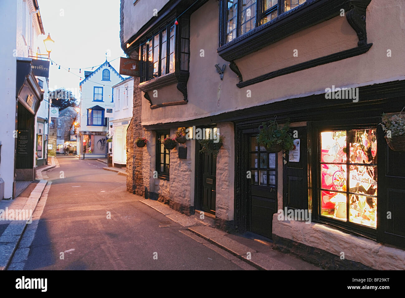 View along a street in the evening, Fowey, Cornwall, England, United Kingdom Stock Photo