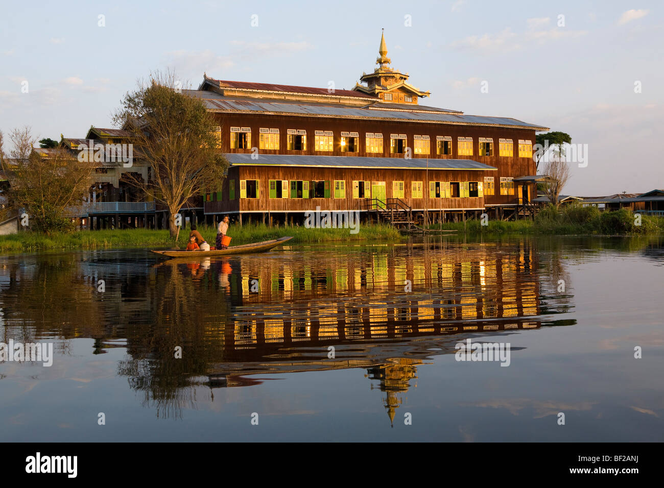 Nga Phe Chaung Kyaung monastary mirrored in the Inle Lake, Shan State, Burma, Myanmar Stock Photo