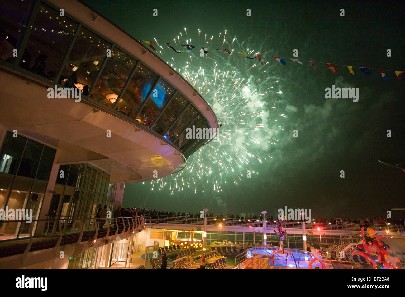 Fireworks Extravaganza over Hamburg Harbor, Freedom of the Seas Cruise Ship, Royal Caribbean International Cruise Line Stock Photo