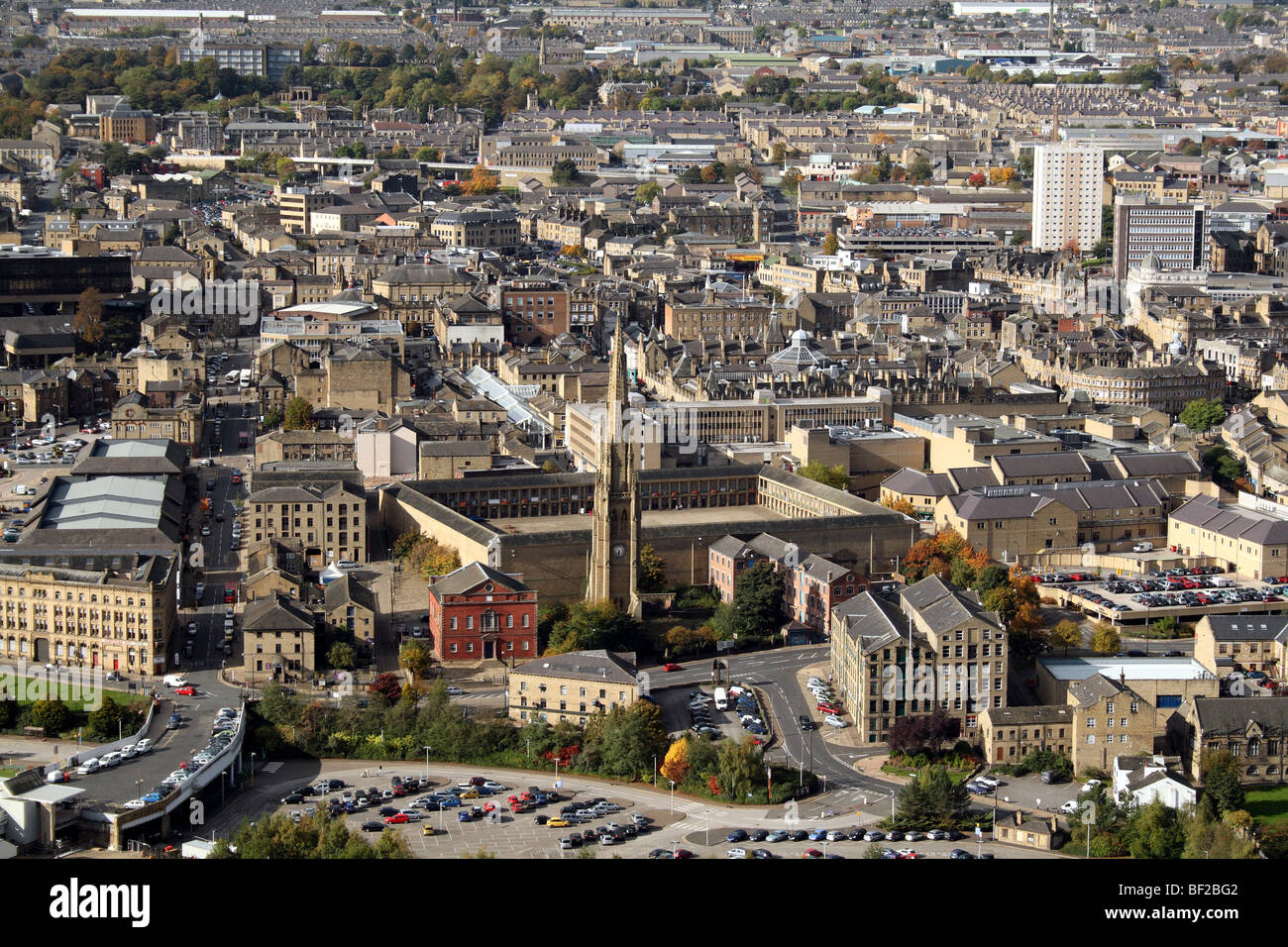 Halifax  Calderdale Yorkshire UK City Scape Panorama showing Piece Hall and The Square Church Spire Stock Photo