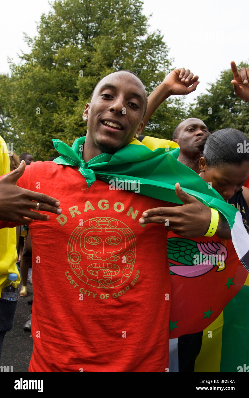 Young men dancing and posing in streets of Notting Hill at Carnival time. Stock Photo