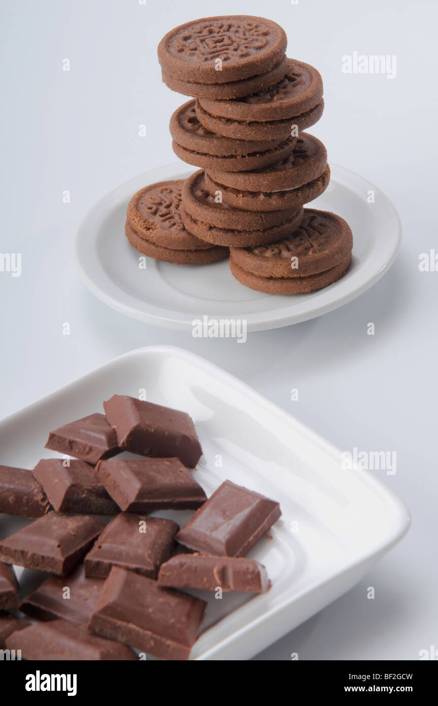 Close-up of chocolate cookies with chocolate pieces Stock Photo