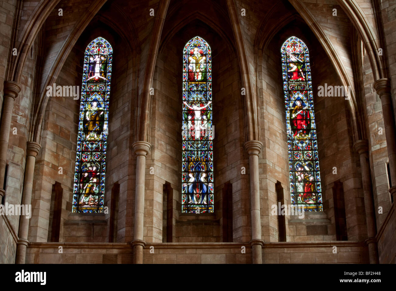 Situated in the restored eastern end of Shrewsbury Abbey are these fine stained glass windows. Stock Photo