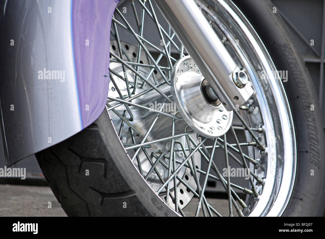 Honda Shadow V Twin motorcycle front wheel Stock Photo