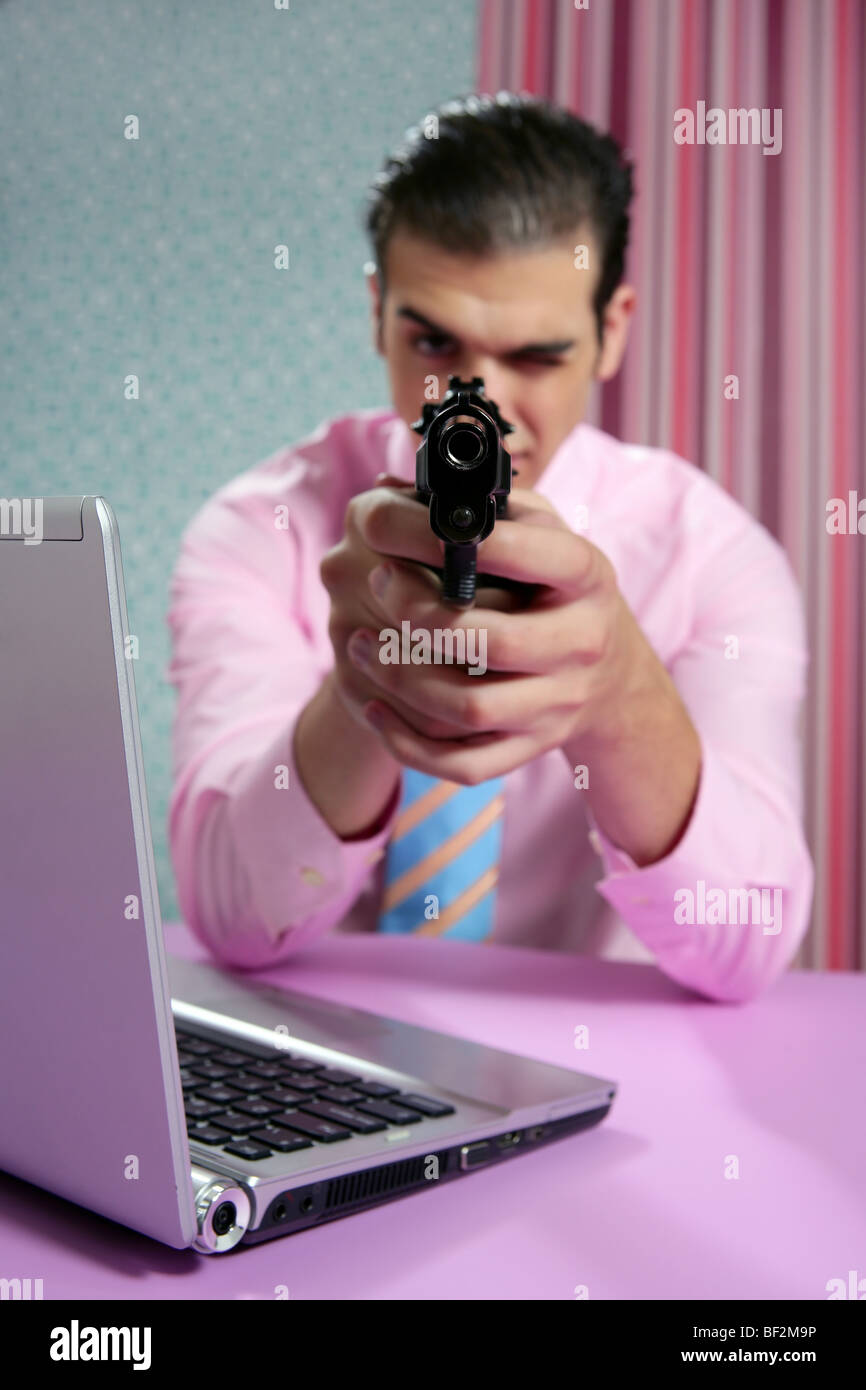 Guy Point Gun At Computer Businessman point his handgun to camera, wallpaper background Stock ...